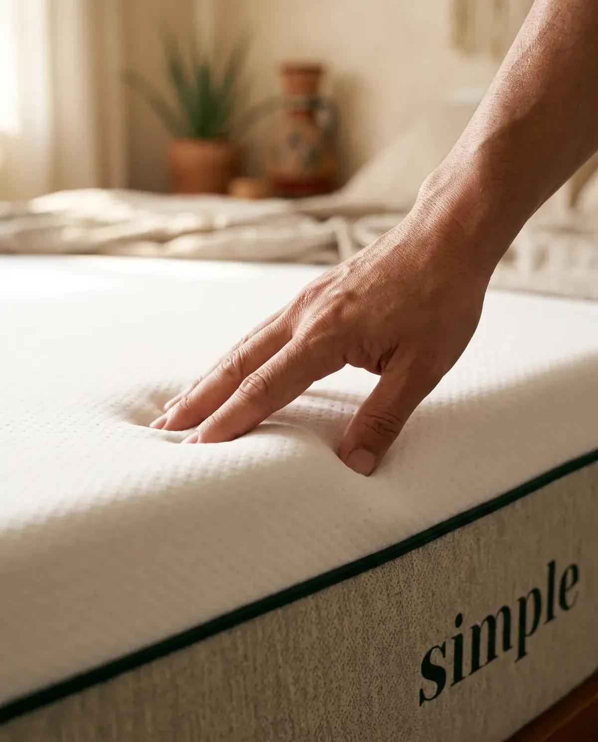 Mano presionando la capa de memory foam del Colchón Simple
