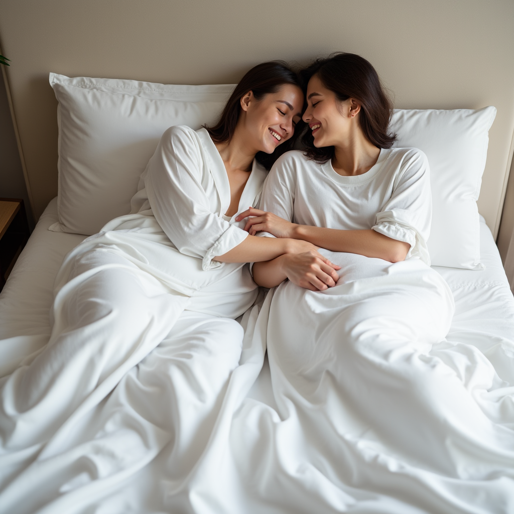 Sábanas 100% Algodón | Suavidad que se Comparte, Confort que Conecta Pareja abrazada sobre sábanas blancas de algodón 100%, disfrutando de una mañana cómoda en cama