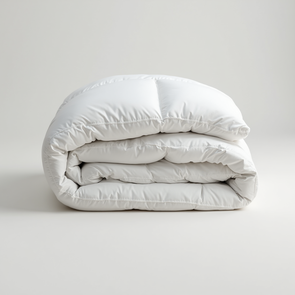 Duvet blanco de microfibra doblado sobre fondo blanco en estudio