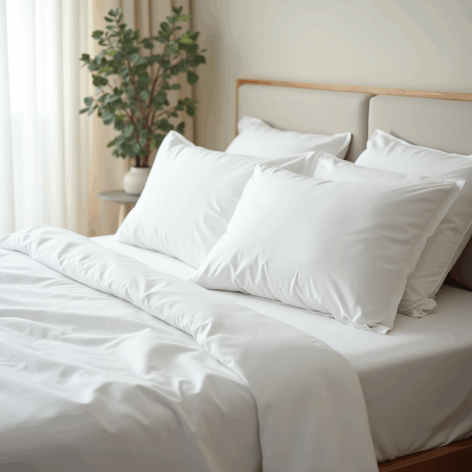 Sábanas blancas de algodón 100% en cama de diseño escandinavo con luz natural y planta decorativa