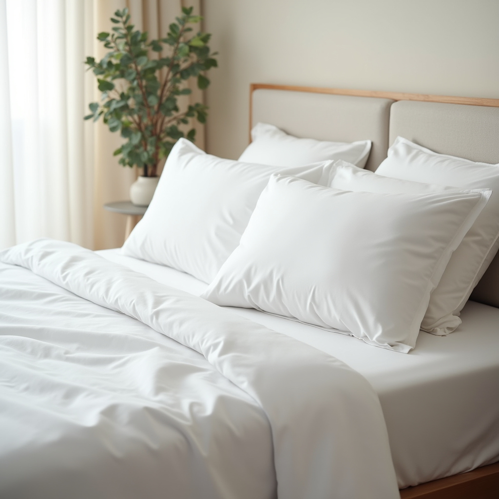 Sábanas de Algodón Premium | Suaves, Blancas y Transpirables – Envío a Todo México Sábanas blancas de algodón 100% en cama de diseño escandinavo con luz natural y planta decorativa