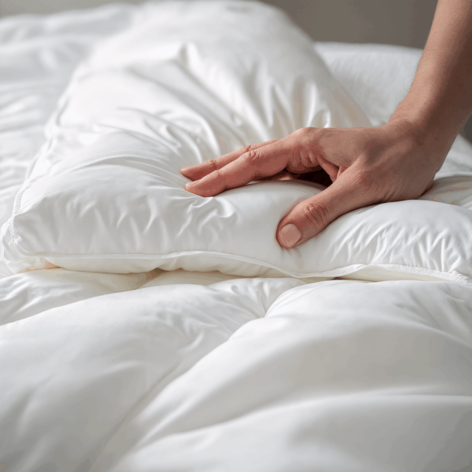 Mano tocando un duvet blanco de microfibra ultra suave en primer plano