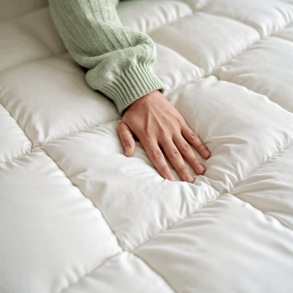 Mano con suéter verde presionando un duvet blanco acolchado de microfibra