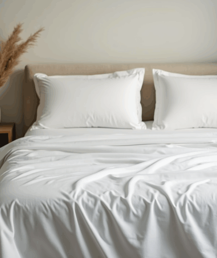 Sábanas blancas 100% algodón sobre cama king size en habitación minimalista con luz natural