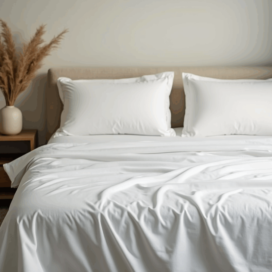 Sábanas blancas 100% algodón sobre cama king size en habitación minimalista con luz natural